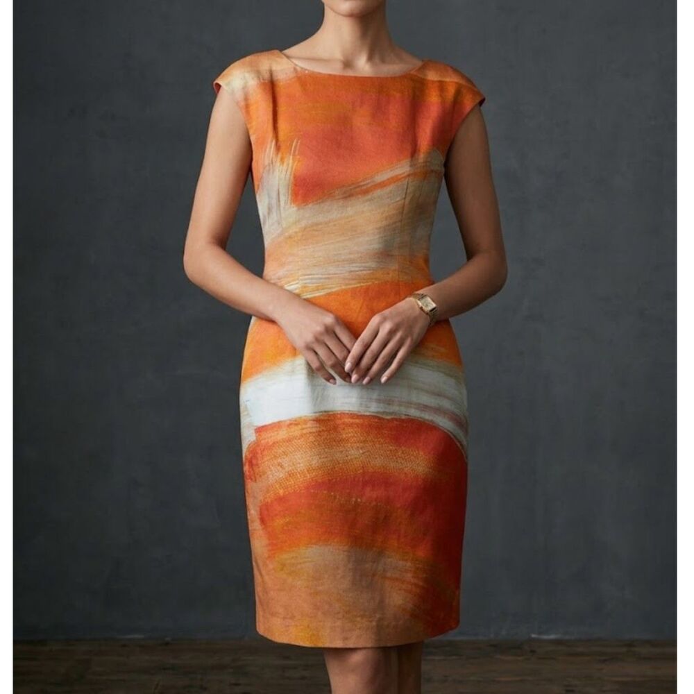 Lafayette 148 Orange Abstract Art Print Cotton Sheath Dress Size 8